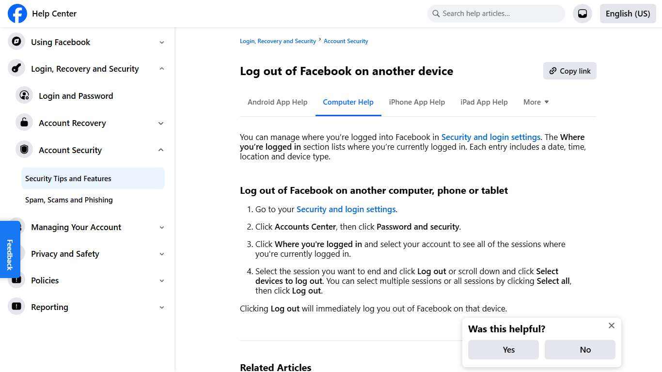 Log out of Facebook on another device Facebook Help Center